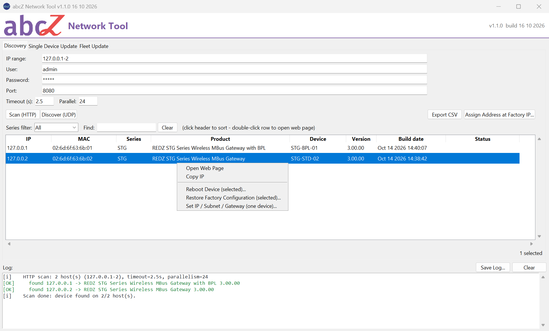 Discovery tab, the standard STG gateway row selected, right-click menu open: Open Web Page, Copy IP, Reboot Device (selected)..., Restore Factory Configuration (selected)..., Set IP / Subnet / Gateway (one device)...