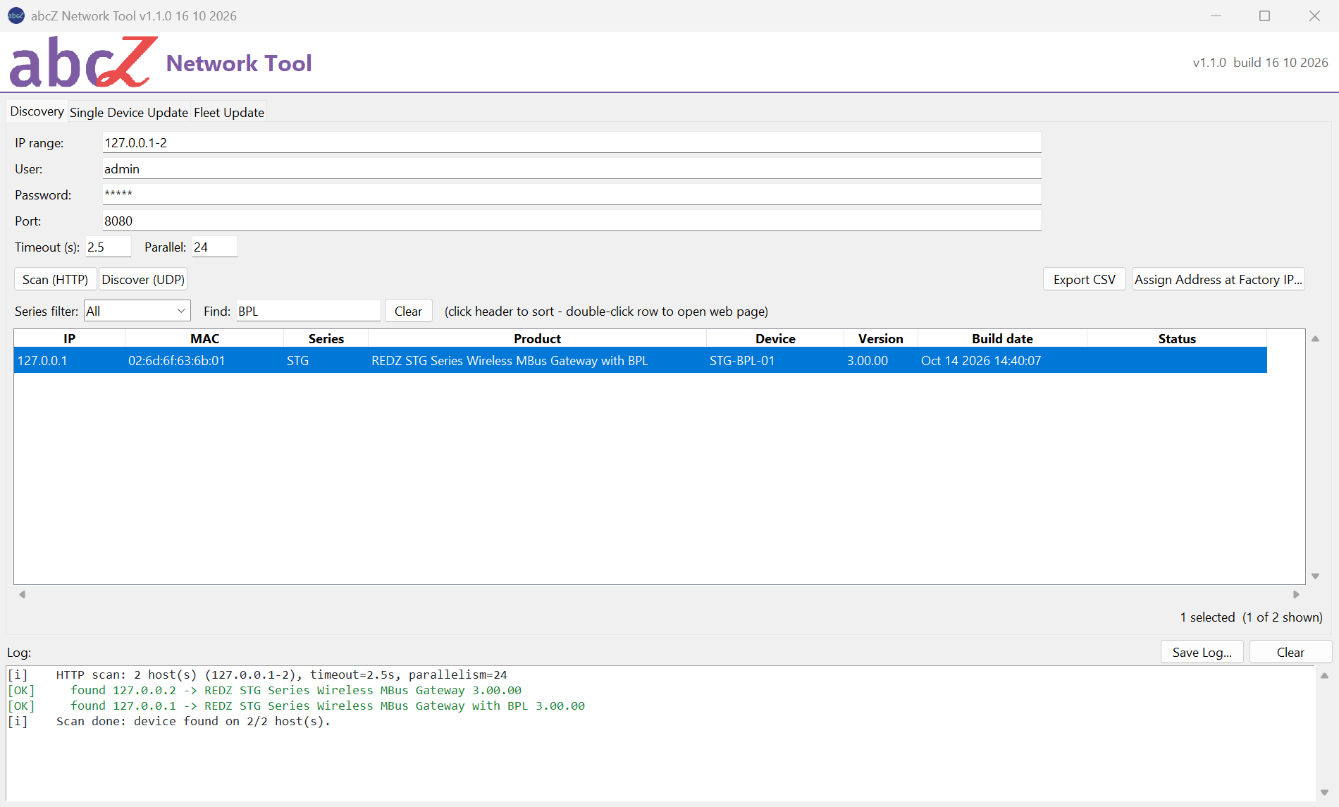 Discovery tab with BPL typed in Find, one row shown and selected, counter 1 selected (1 of 2 shown).