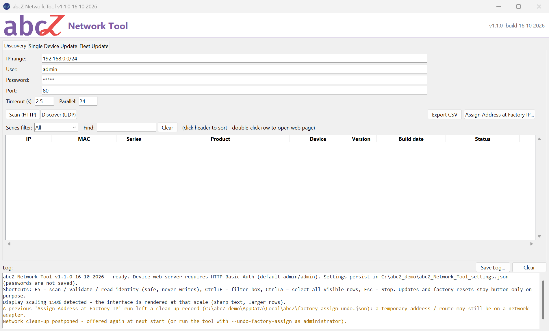 Main window at start; the last two log lines warn about a clean-up record and say that the clean-up was postponed.