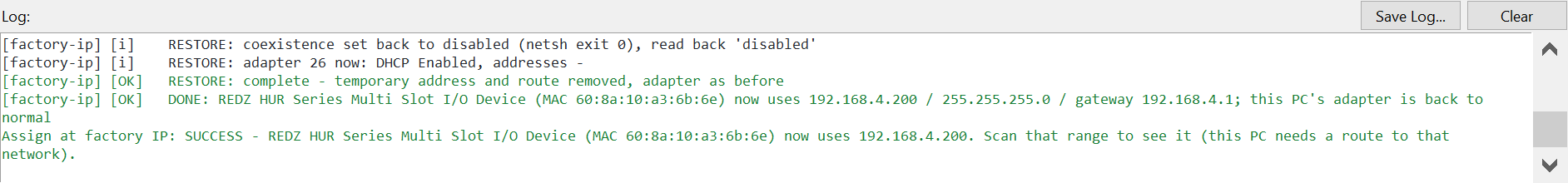 Log panel with factory-ip RESTORE lines, RESTORE complete, DONE and a green line Assign at factory IP: SUCCESS for the REDZ HUR device now using 192.168.4.200.
