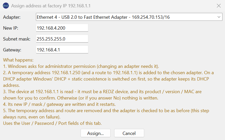 Window with New IP 192.168.4.200, Subnet mask 255.255.255.0 and Gateway 192.168.4.1 filled in.