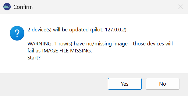 Question window Confirm: 2 device(s) will be updated (pilot: 127.0.0.2), a warning that 1 row has no image and will fail as IMAGE FILE MISSING, Start?; buttons Yes and No.