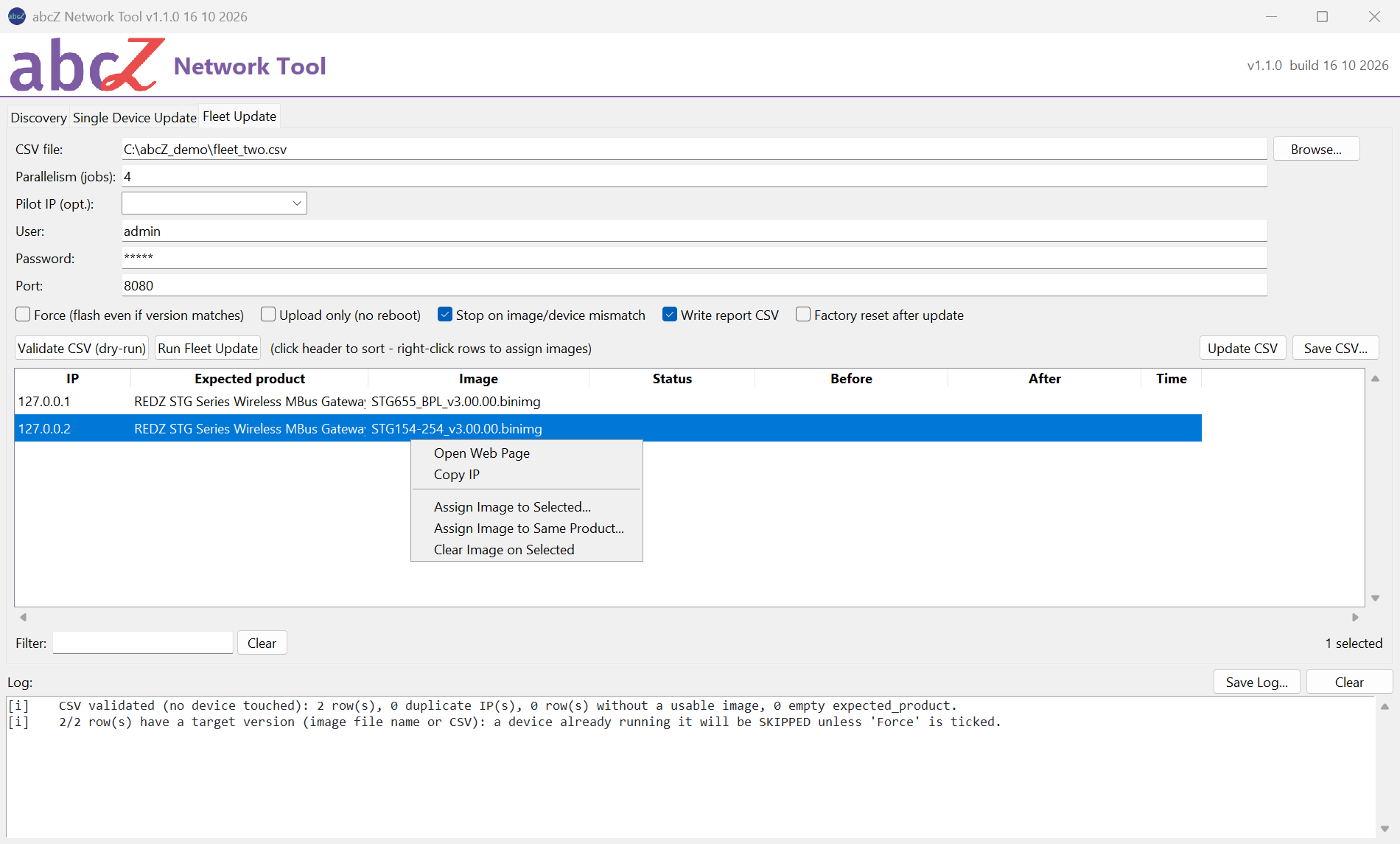 Fleet Update tab, second row selected, right-click menu open: Open Web Page, Copy IP, Assign Image to Selected..., Assign Image to Same Product..., Clear Image on Selected.