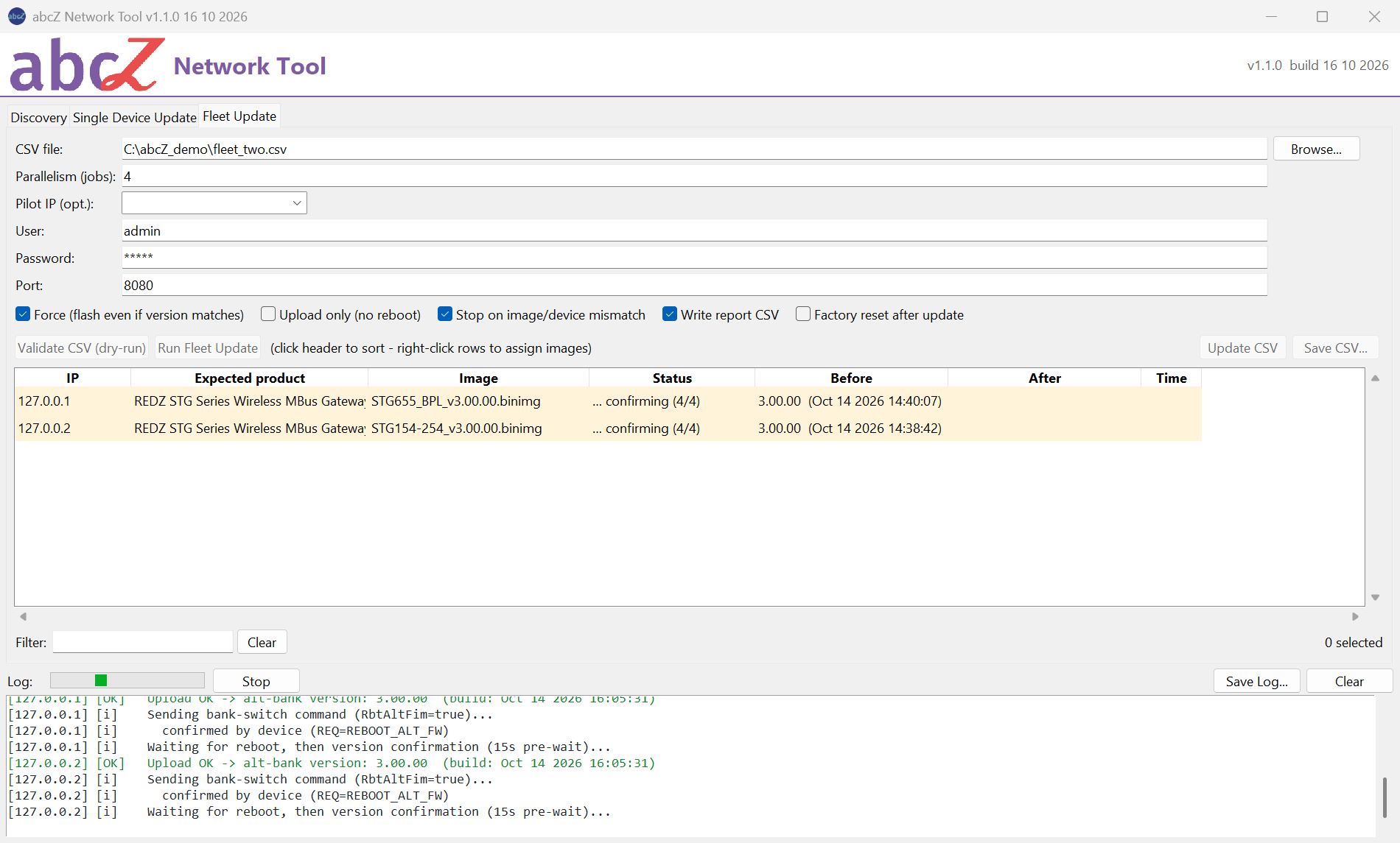 Fleet Update tab during a run: both rows amber with confirming (4/4), Before filled, Validate CSV and Run Fleet Update greyed out, Stop next to the progress bar, log lines Upload OK, bank-switch confirmed by device, Waiting for reboot.