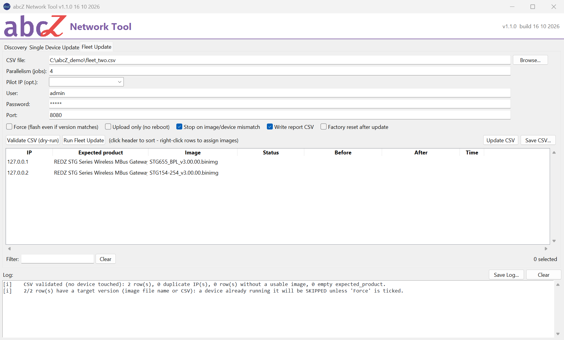 Fleet Update tab with two rows in the table and the CSV validated line in the log.