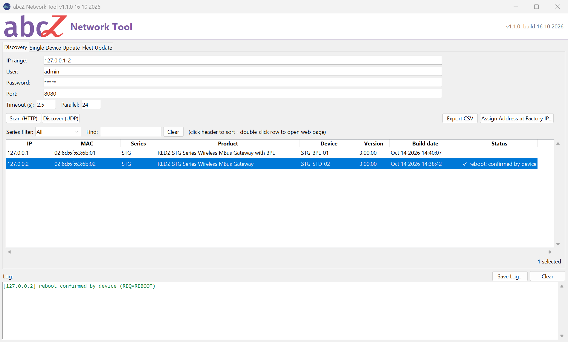 Discovery tab with one row selected and its Status reboot: confirmed by device.