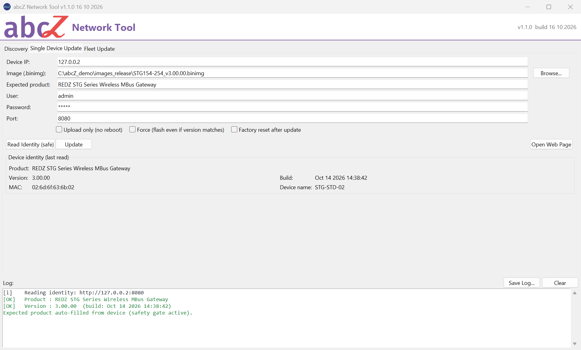 Single Device Update tab with Device IP, image file, expected product and the identity panel filled; log line Expected product auto-filled from device.
