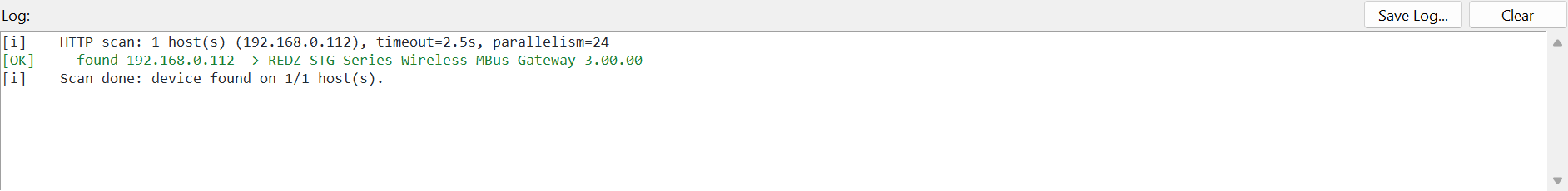 Log pane with three lines and the Save Log... and Clear buttons.