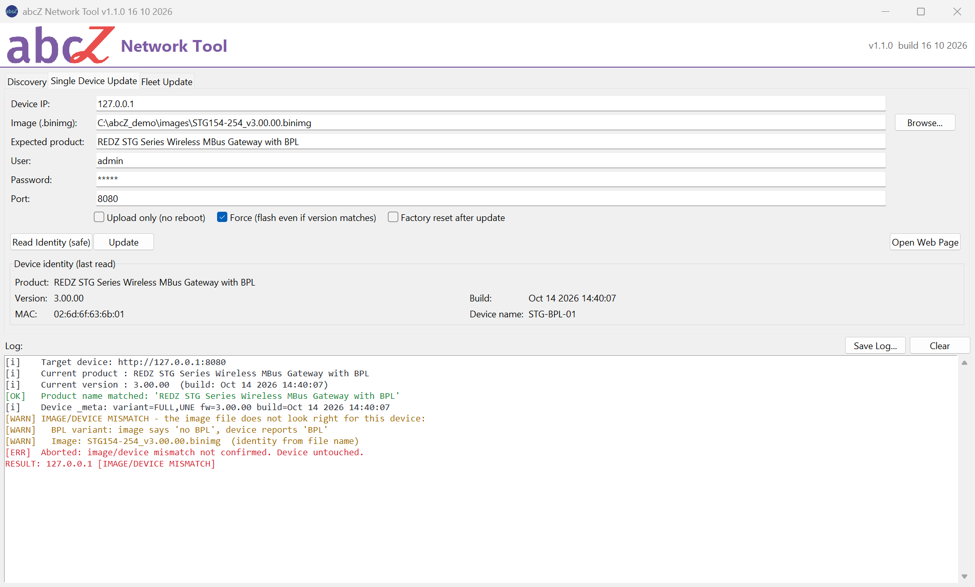 Single Device Update tab; log lines IMAGE/DEVICE MISMATCH, BPL variant, Aborted and RESULT IMAGE/DEVICE MISMATCH.