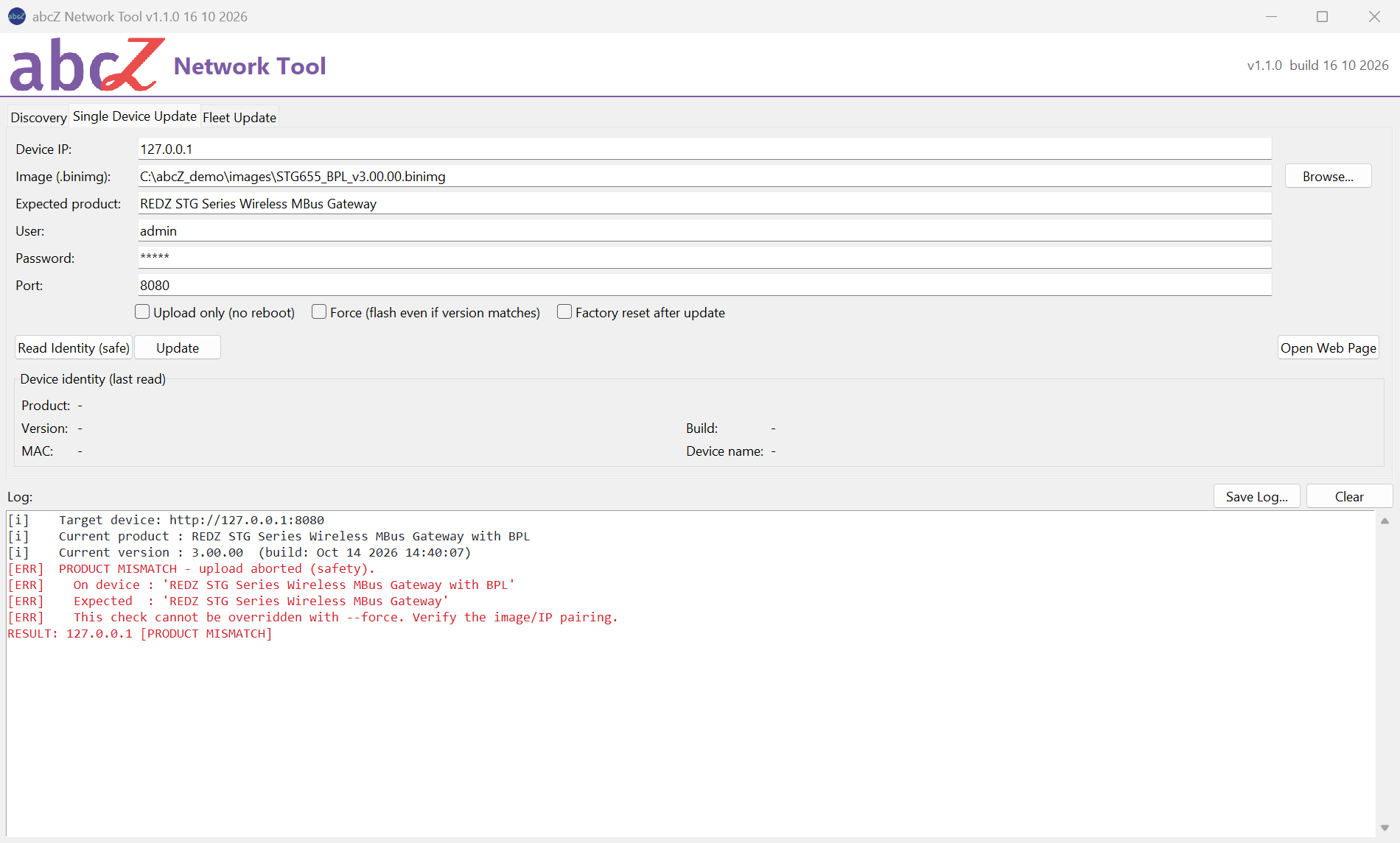 Single Device Update tab; log lines PRODUCT MISMATCH, On device, Expected and RESULT PRODUCT MISMATCH in red.
