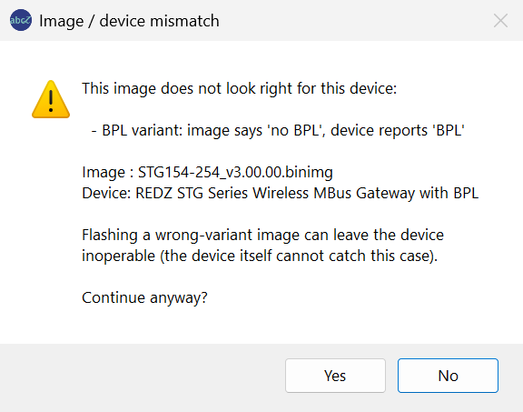 Question window Image / device mismatch listing BPL variant: image says no BPL, device reports BPL, the image and device names, a warning and the buttons Yes and No.