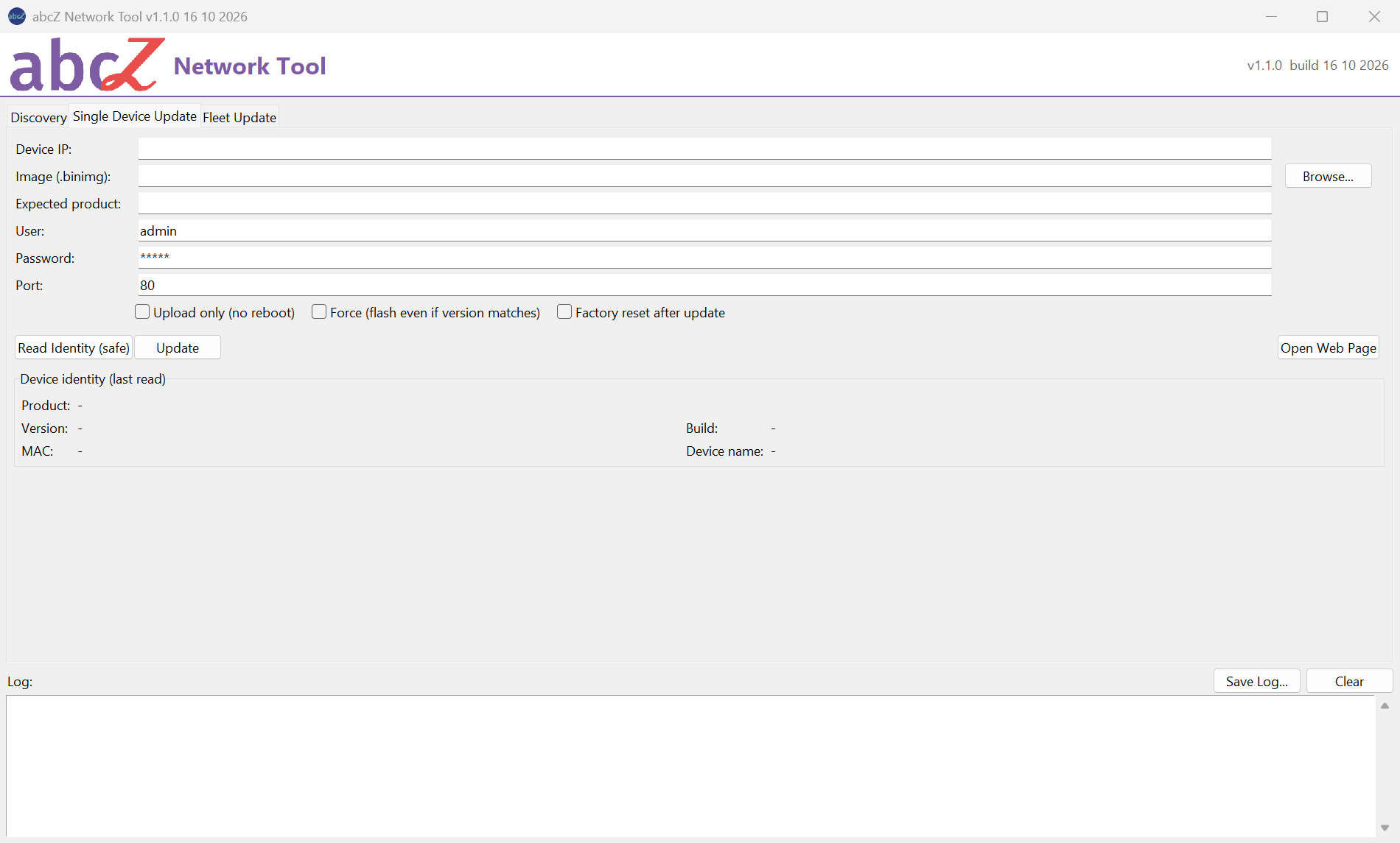 Single Device Update tab with empty fields, three check boxes, buttons and an empty identity panel.