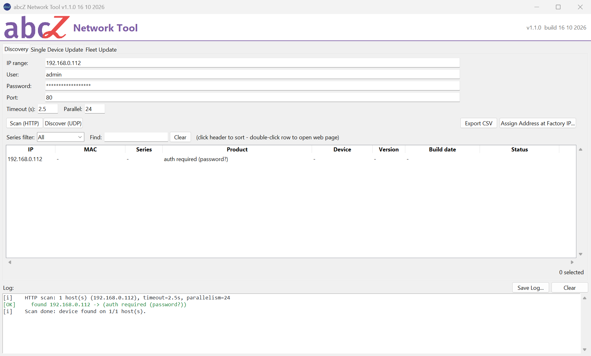 Discovery tab with one row whose Product column says auth required (password?).