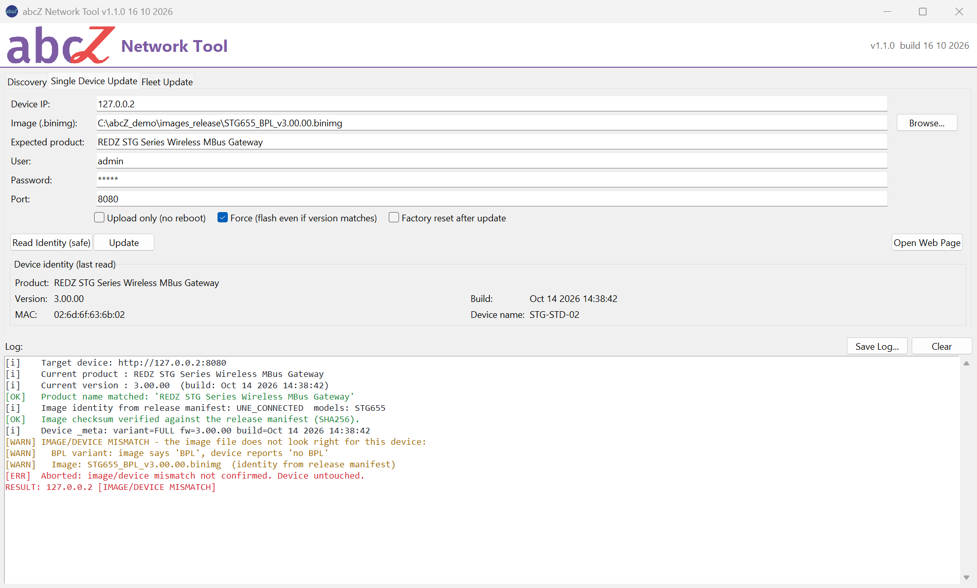 Single Device Update tab; log lines about the release manifest, BPL variant mismatch and RESULT IMAGE/DEVICE MISMATCH.