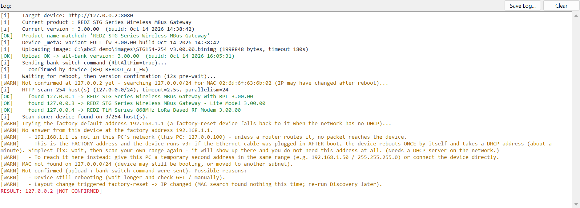 Single Device Update log: upload OK, bank switch confirmed by device, not confirmed at the address, MAC search of the subnet finds only other devices, no answer at the factory address 192.168.1.1 with advice lines, MAC not found, possible reasons, RESULT NOT CONFIRMED.
