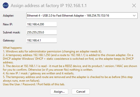 abcZ Network Tool, window Assign address at factory IP 192.168.1.1 with adapter, new IP, subnet mask, gateway and the steps it takes.