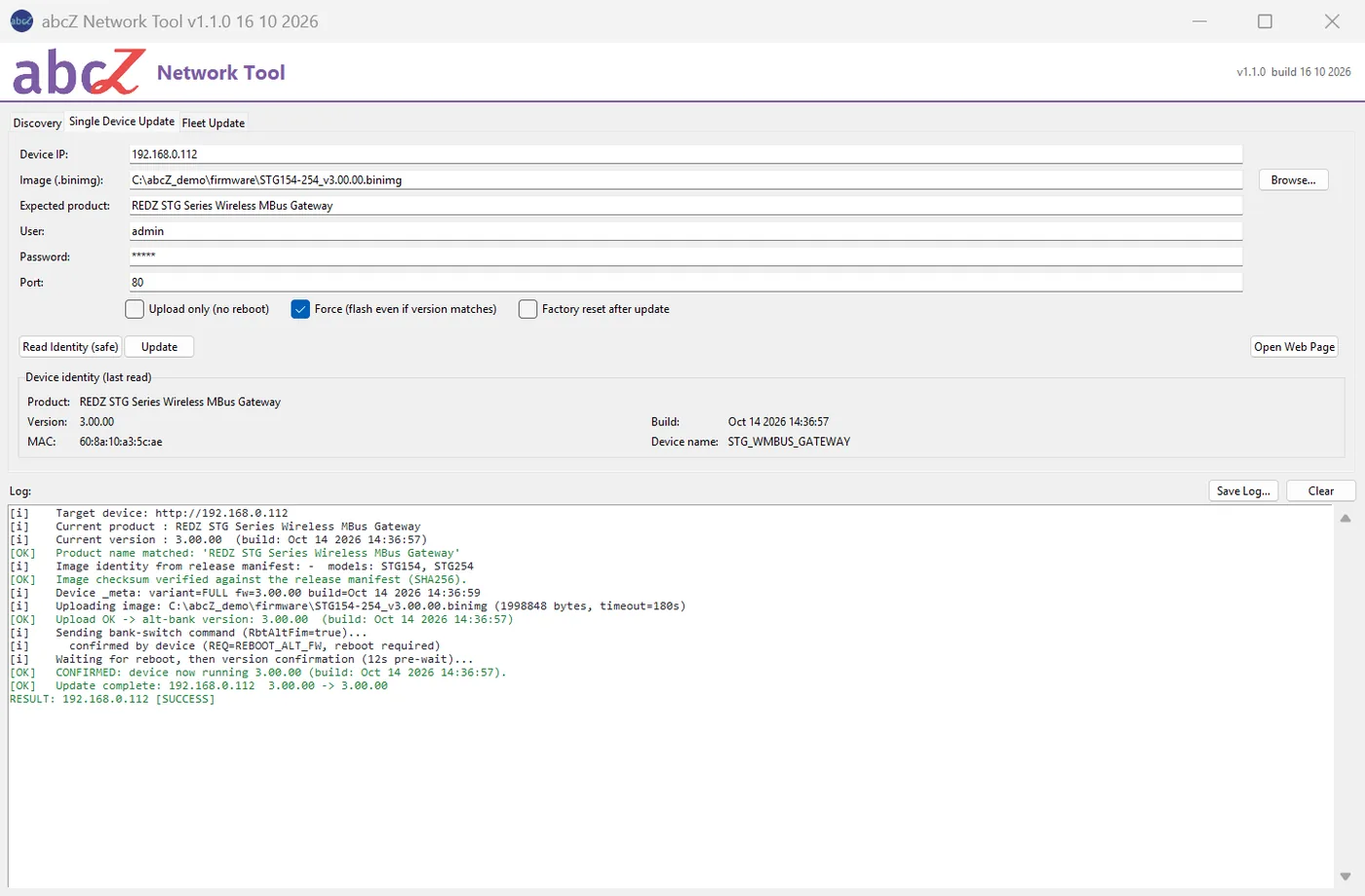 abcZ Network Tool, Single Device Update tab: log of a firmware update of an STG gateway ending with RESULT SUCCESS.
