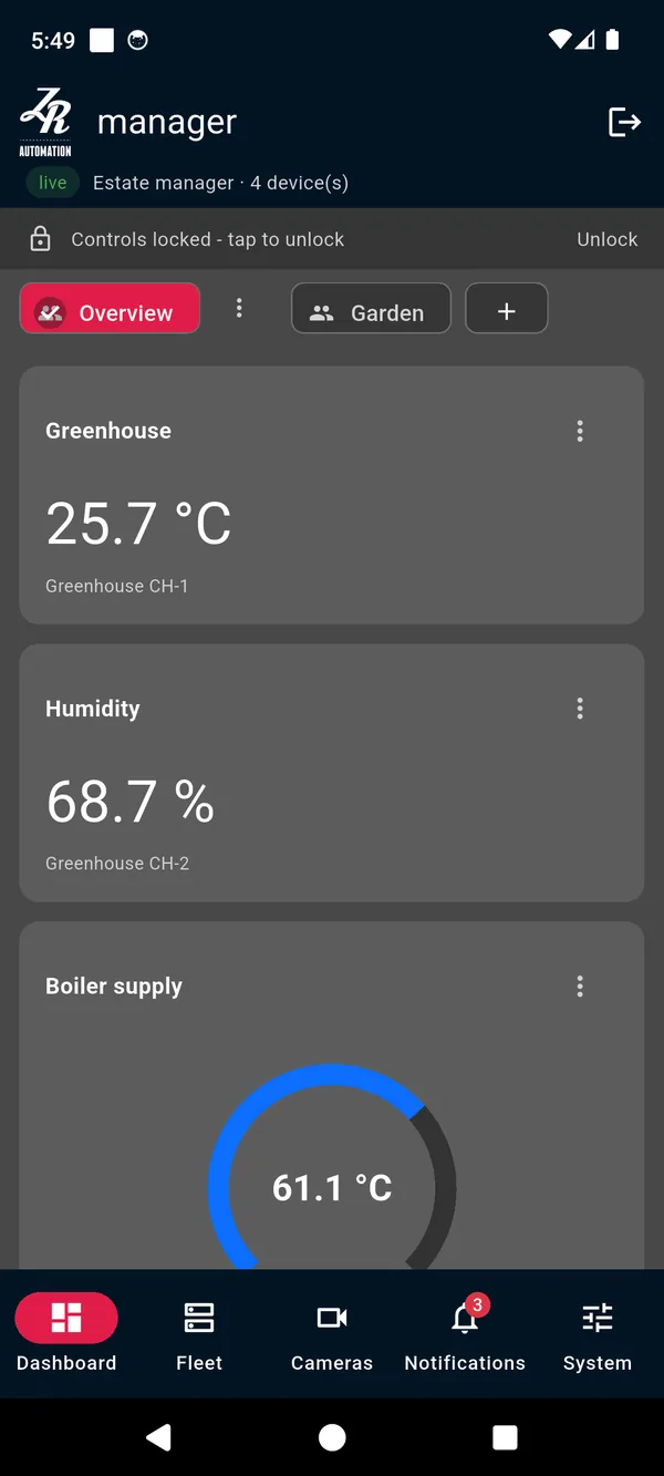 The ZRAutomation.Cloud app's dashboard on a phone