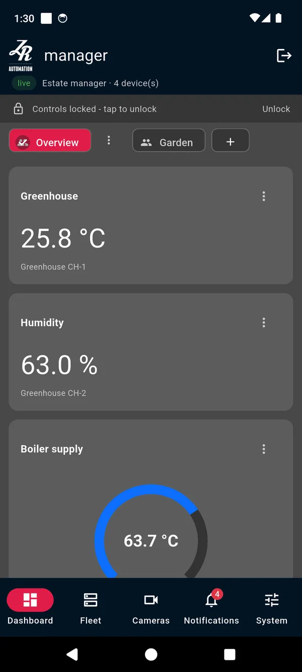 The app's Dashboard tab with the control lock