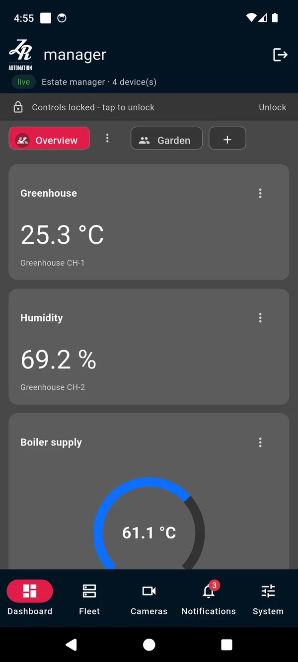 The ZRAutomation.Cloud app's dashboard on a phone