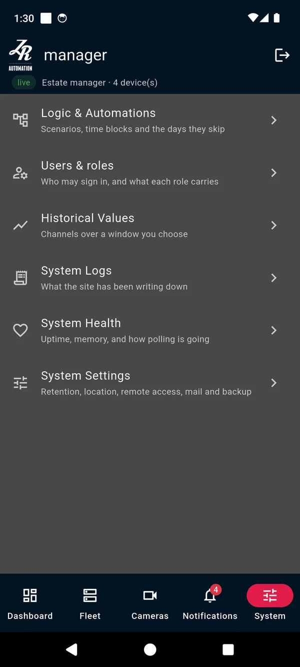 The app's System tab