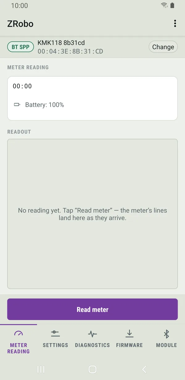 ZRobo connected to a KMK118 probe over BT SPP, showing the Meter reading page with an empty readout.