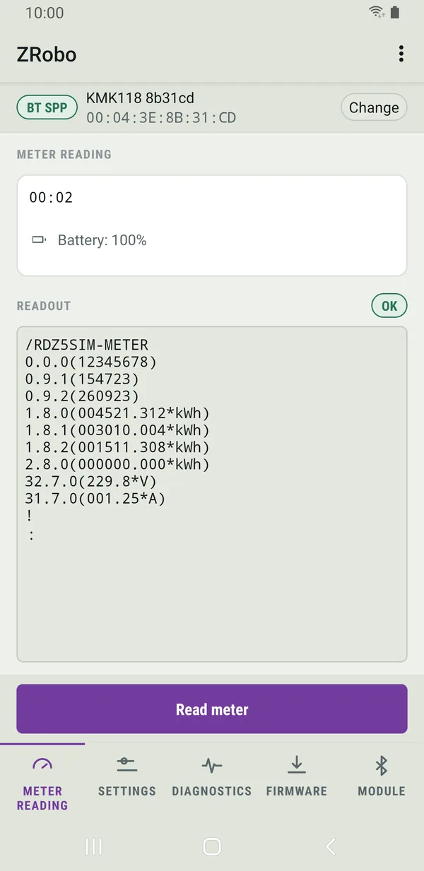 ZRobo showing a complete meter reading from a simulated meter
