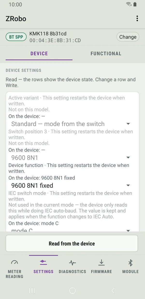 ZRobo's Settings page on the Device tab after reading a KMK118 probe.