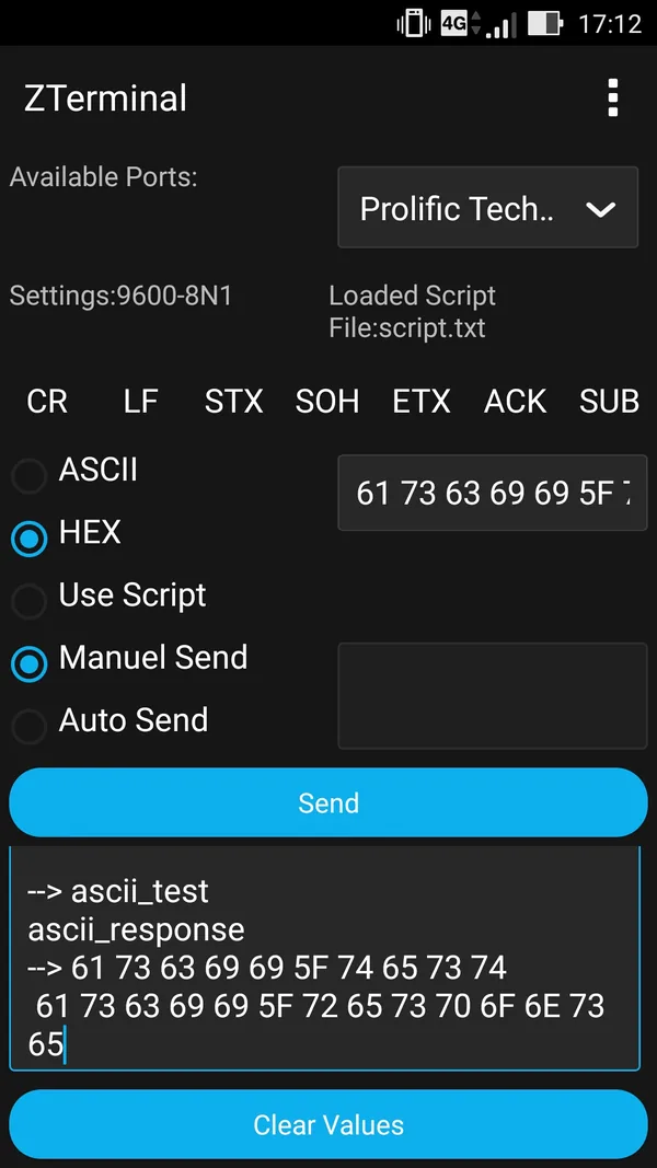 ZTerminal in HEX mode, showing a reply as hexadecimal bytes.
