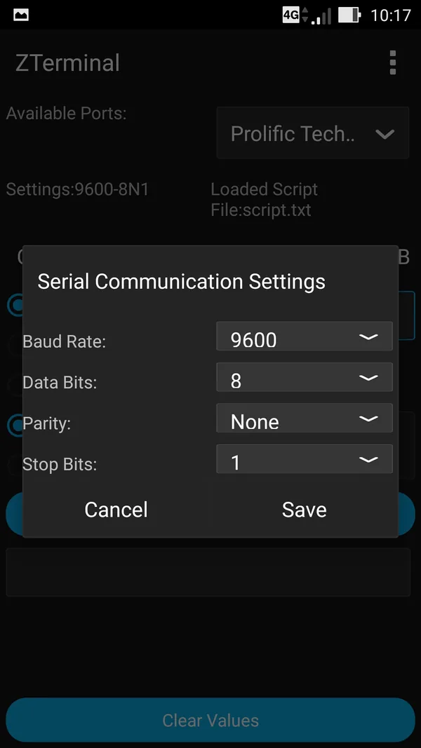 ZTerminal's Serial Communication Settings: baud rate, data bits, parity and stop bits.