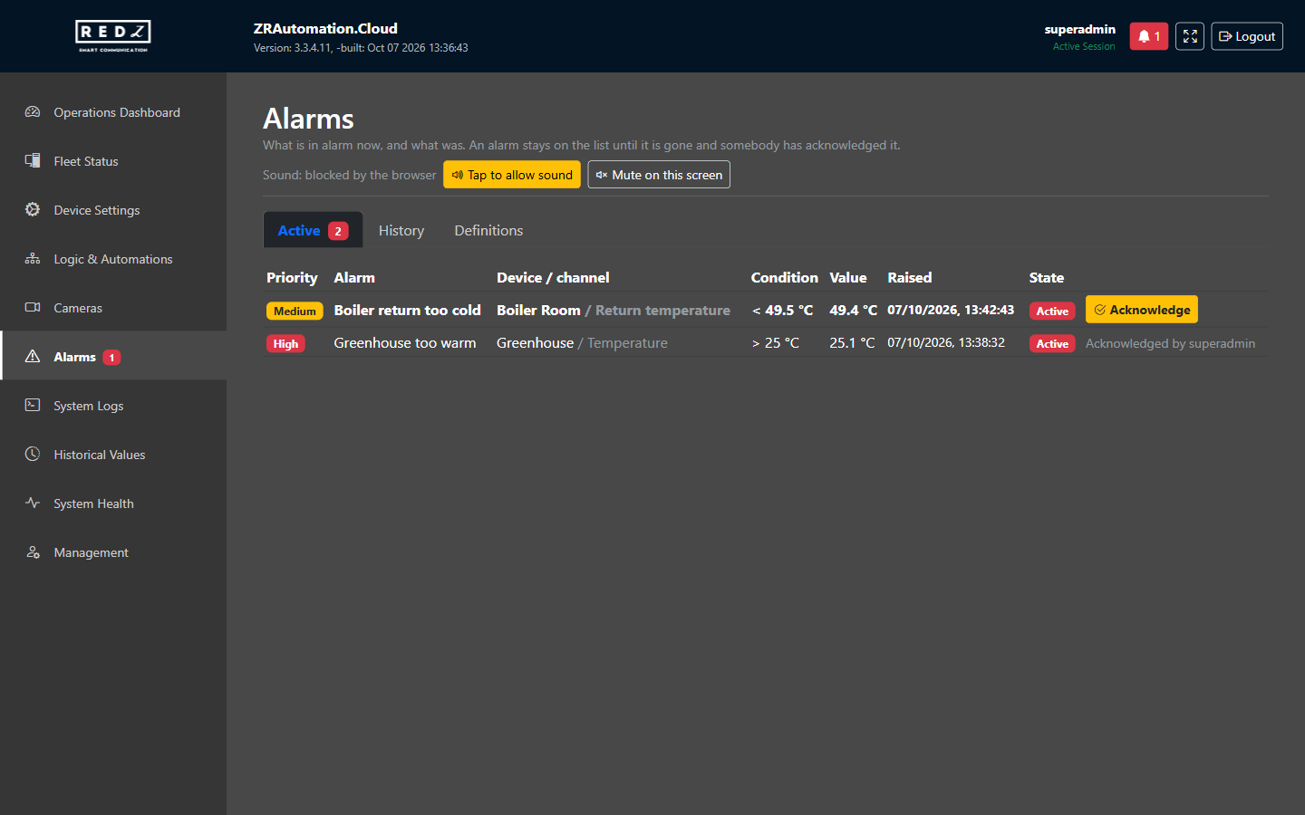 The Alarms page with its Active tab listing alarms, their priority, condition, value, time and state
