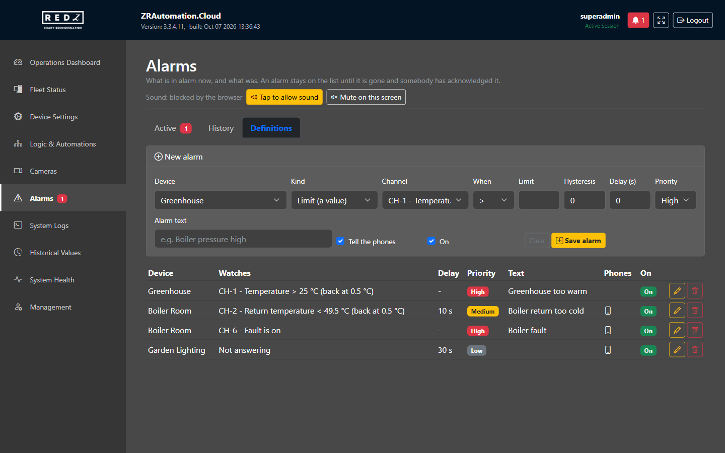 The Definitions tab with the New alarm form and a list of four alarm definitions