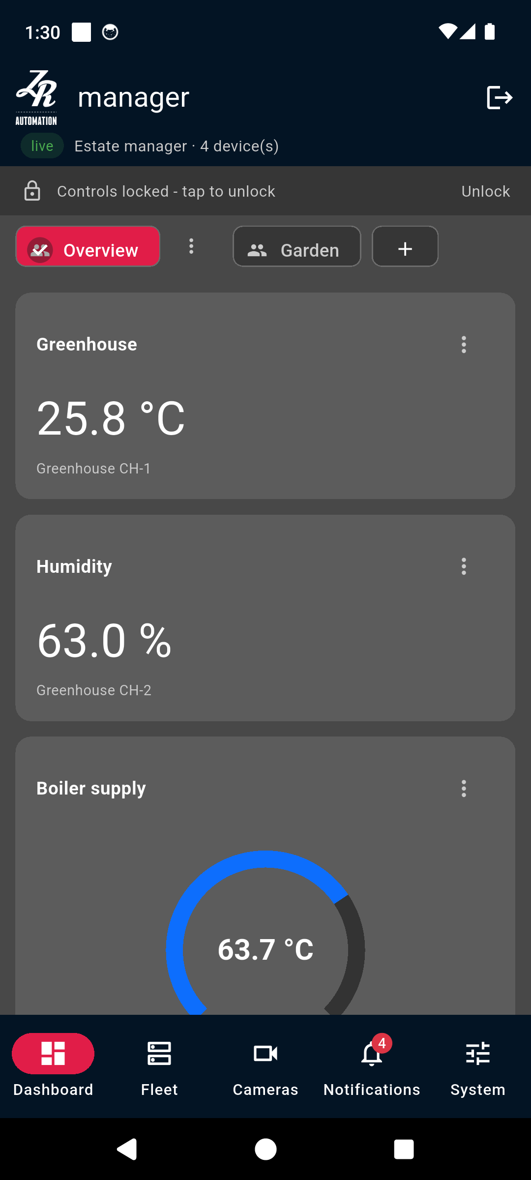 The app's Dashboard tab showing a shared page's widgets under the Controls locked bar