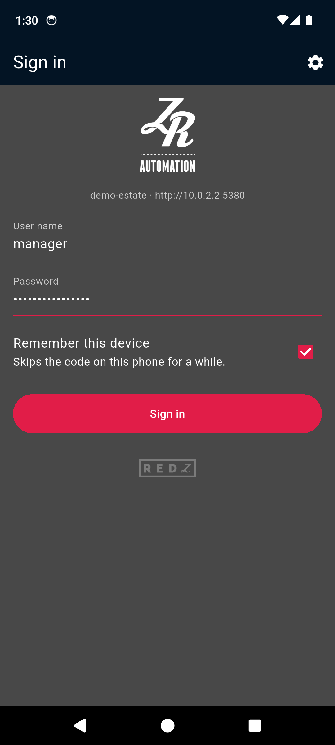 The app's Sign in screen with the site name and address, user name, password and Remember this device