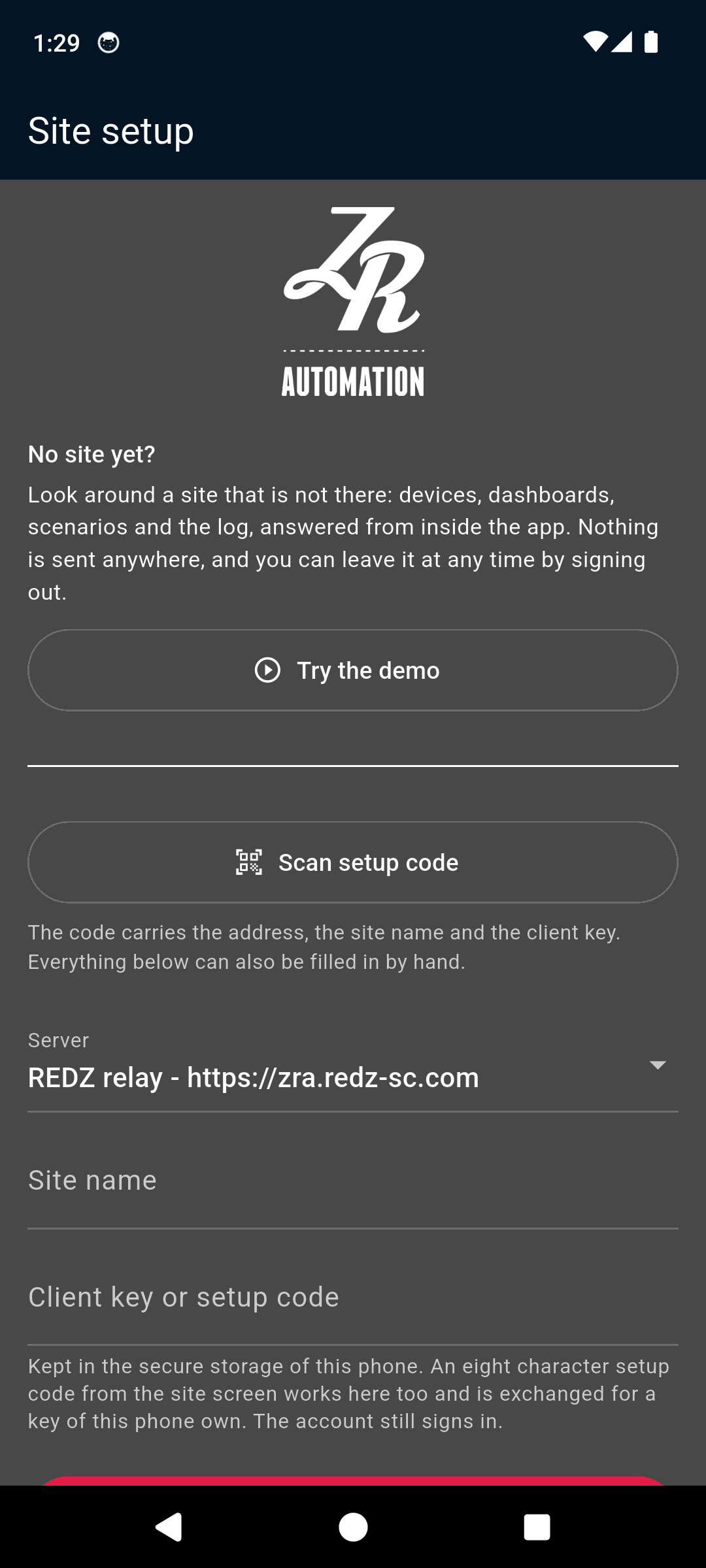 The app's Site setup screen with Try the demo, Scan setup code and the Server, Site name and key fields