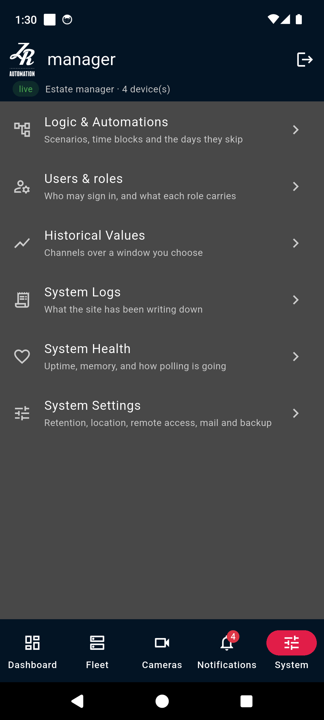 The app's System tab listing Logic and Automations, Users and roles, Historical Values, System Logs, System Health and System Settings