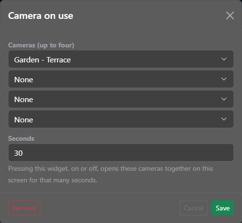 The Camera on use window with a camera chosen and 30 seconds