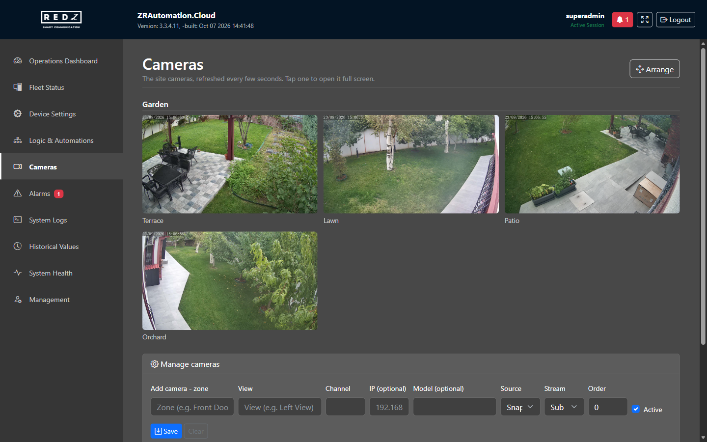The Cameras page with four garden camera pictures under the zone Garden