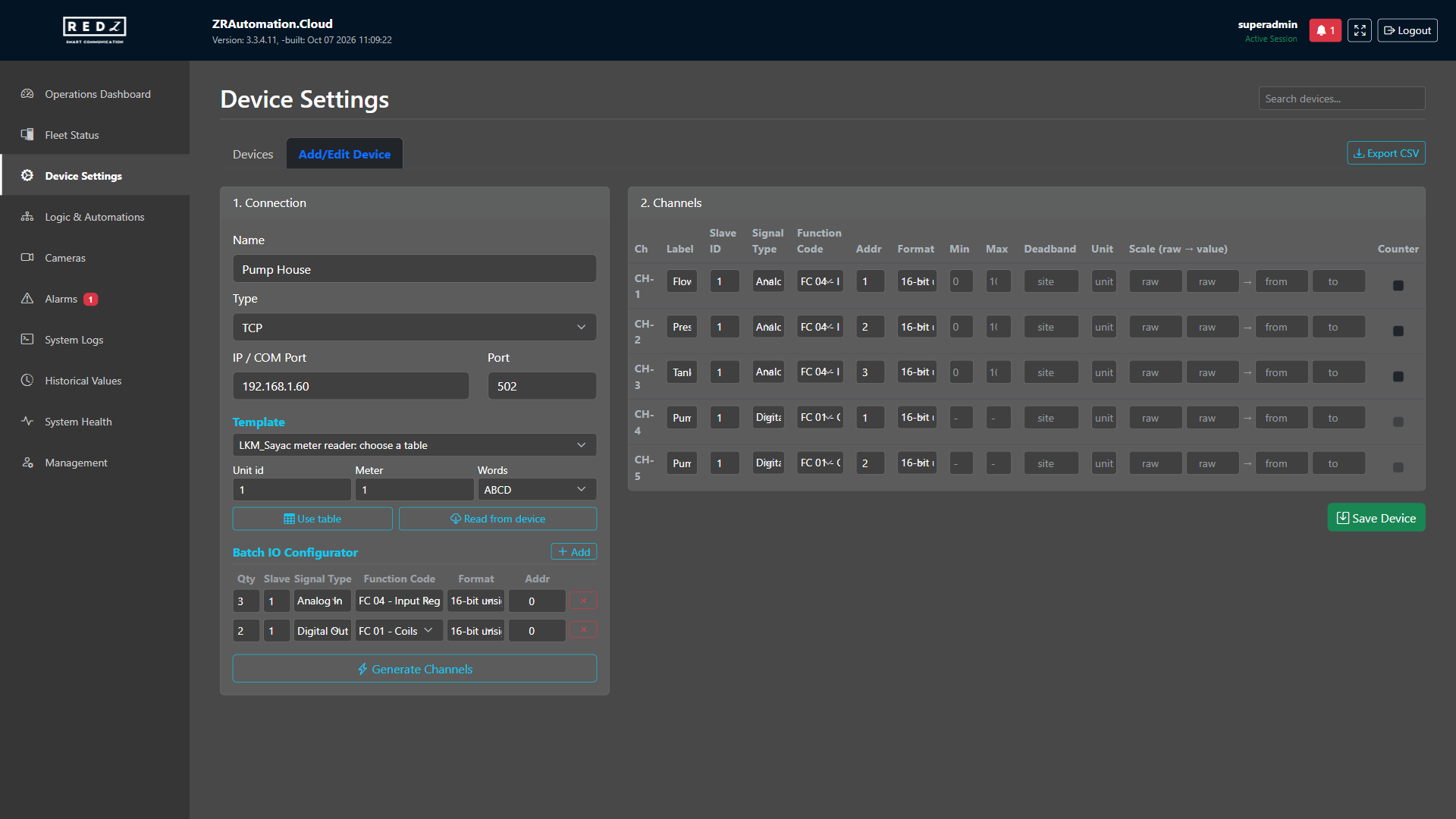 The Add/Edit Device tab with a new device, its batch rows and five generated channels