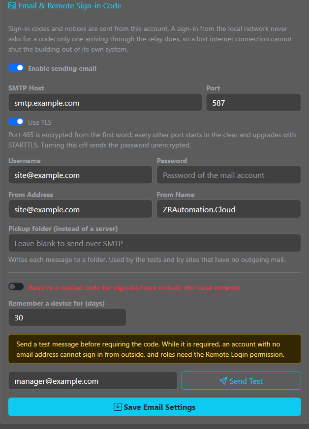 The Email and Remote Sign-in Code card with the mail server, the account, the test message and the sign-in code switch