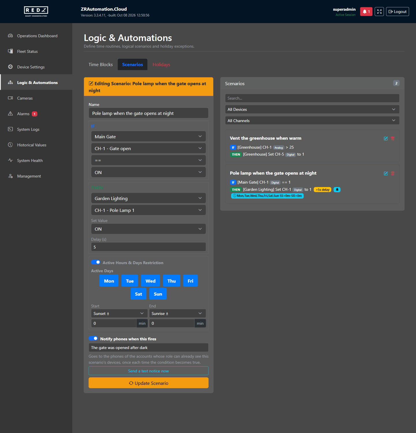 The Scenarios tab with the scenario form, its IF and THEN parts, the active hours and the phone notice, and the list of scenarios