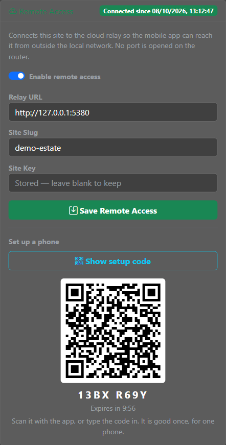 The Remote Access card with its status, the relay address, site name and key fields, and a setup code shown as a QR code and eight characters