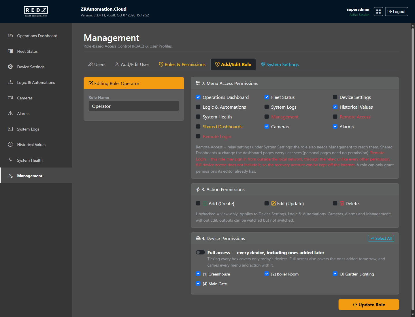 The Add/Edit Role tab with the role name, page permissions, action permissions and device permissions