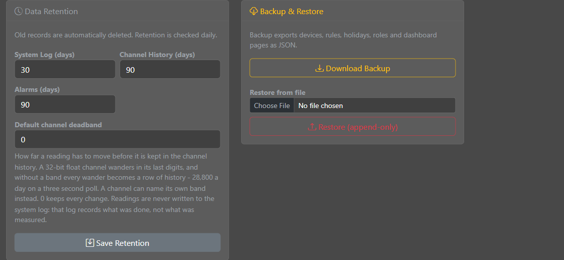 The Data Retention and Backup and Restore cards of the System Settings tab