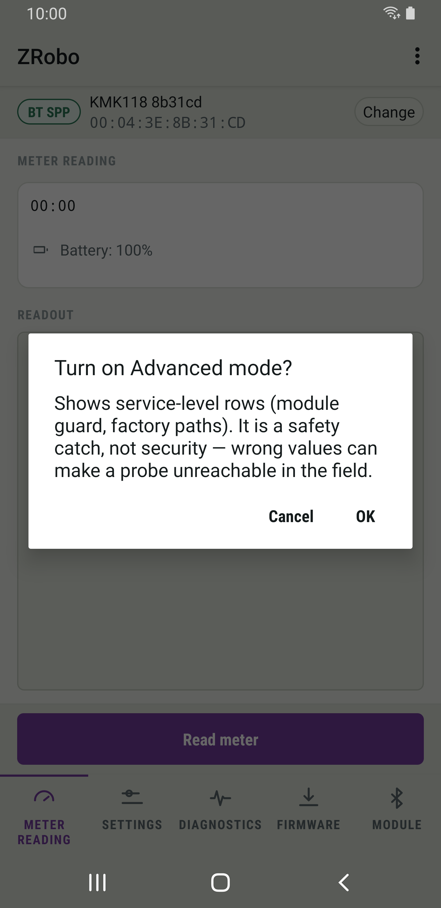 A dialog titled Turn on Advanced mode? with the explanation and the Cancel and OK buttons.