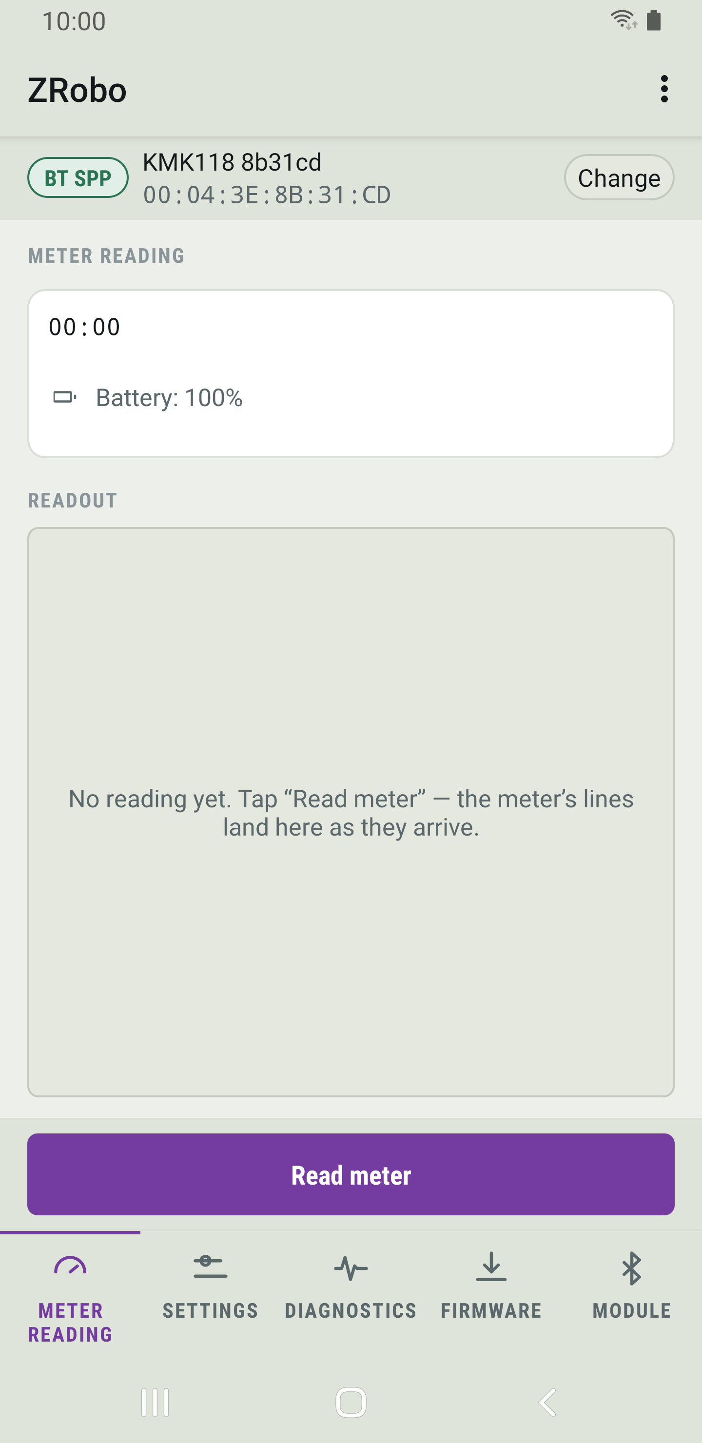 ZRobo connected to a KMK118 probe over BT SPP, showing the Meter reading page with an empty readout.