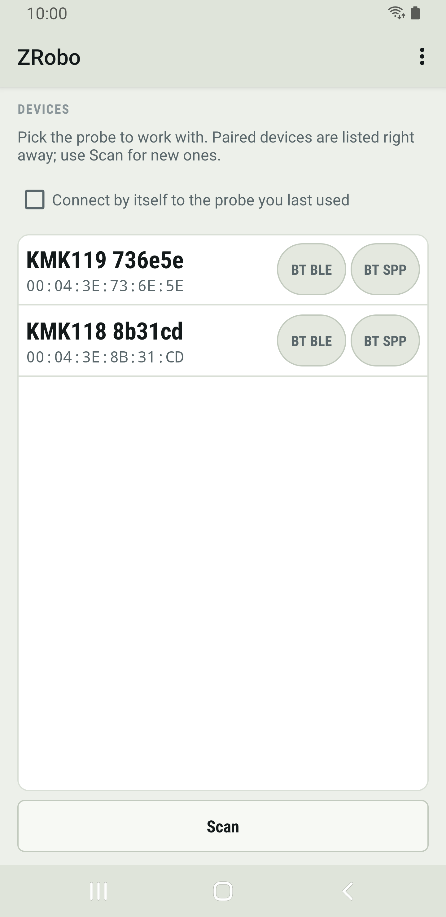 ZRobo's Devices page listing two paired REDZ probes, each with a BT SPP button, and a Scan button.