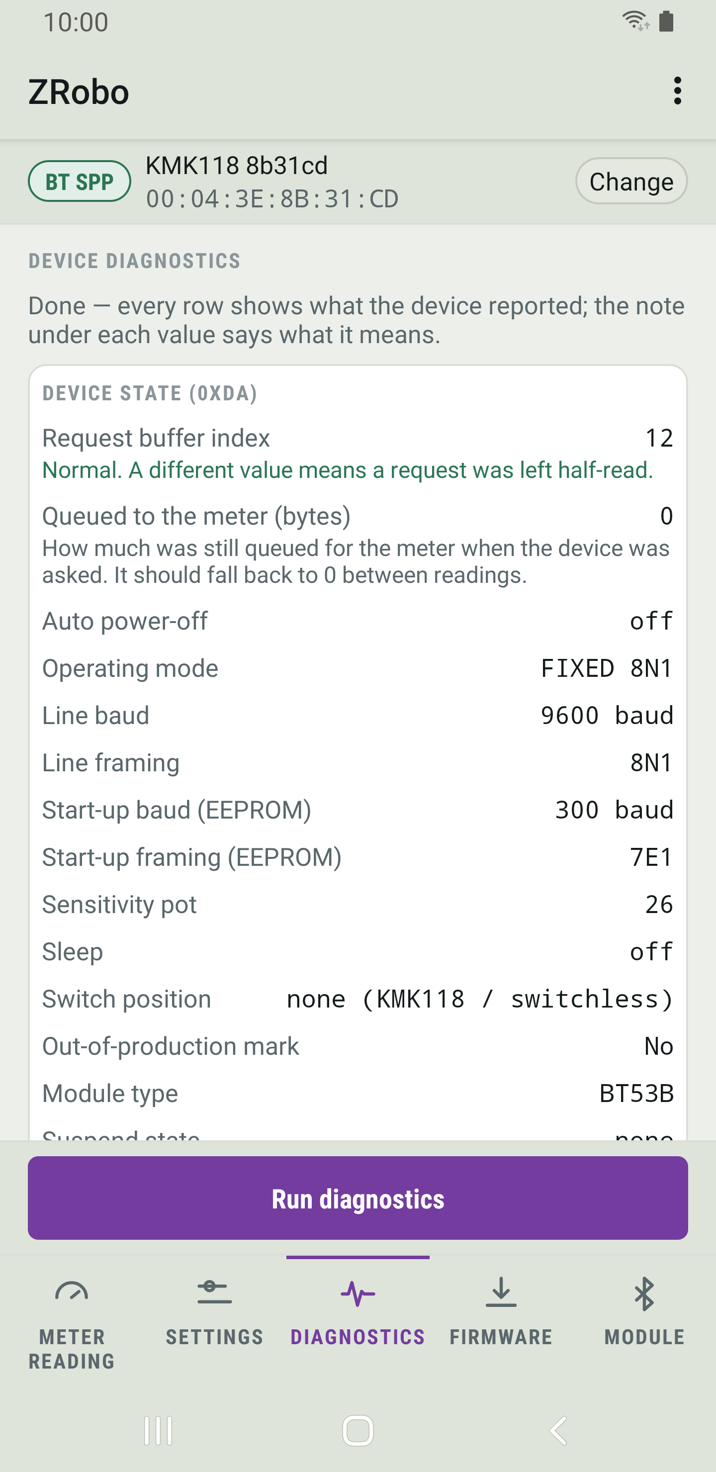 ZRobo's Diagnostics page after a run, listing the device state values with short notes under some of them.