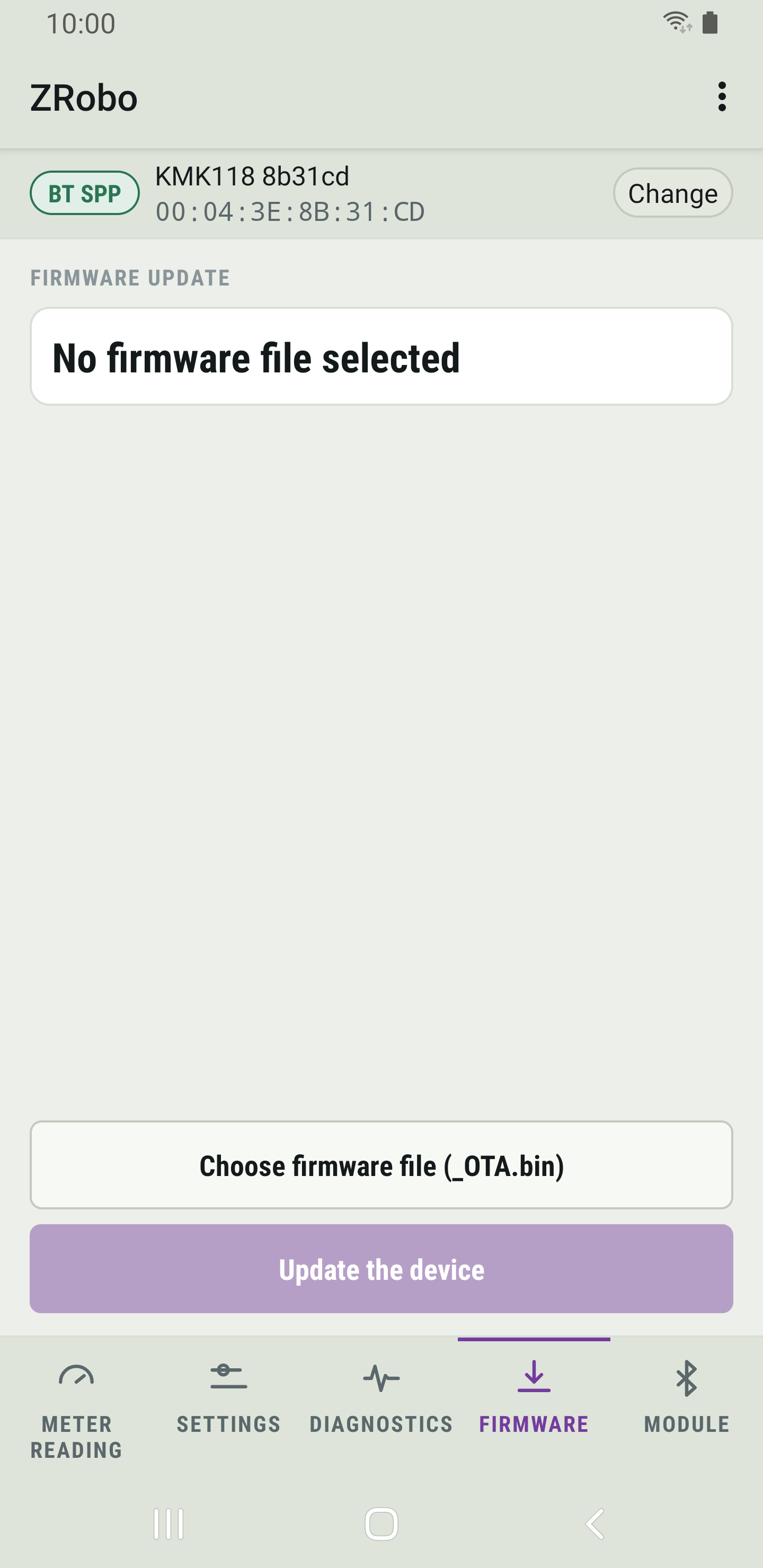 ZRobo's Firmware page with no firmware file selected and the Choose firmware file and Update the device buttons.