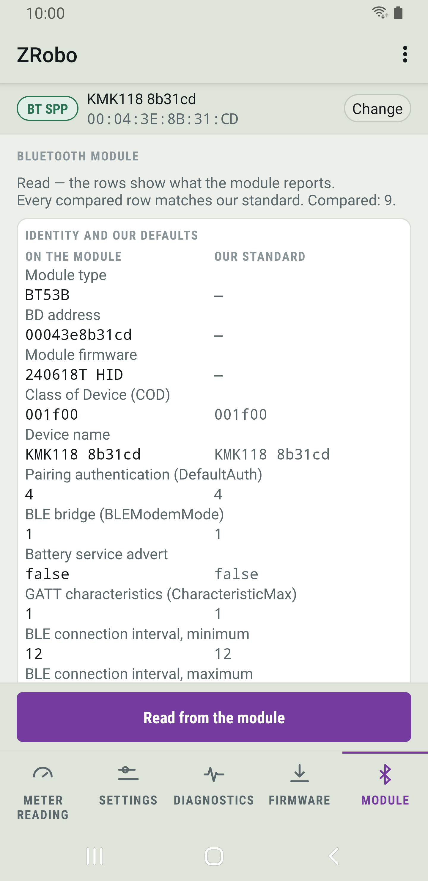 ZRobo's Bluetooth module page after a read, with two columns, On the module and Our standard.